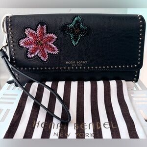 henri bendel studded and floral embellished black safiano leather organizer